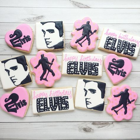 Elvis Birthday Party Decorations, Elvis Cookies Decorated, Elvis Presley Birthday Party Ideas, Elvis Party Ideas, Hollywood Cookies, Elvis Cookies, Elvis Birthday Party, Elvis Presley's Birthday, Elvis Party