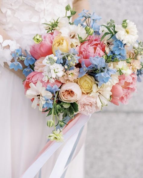 Pastel Peony Bouquet, Pastel Flowers For Wedding, Summer Bouquet Flowers Wedding, Yellow Pink Blue Flower Arrangement, Pink Blue Yellow Bouquet, Bright Pastel Wedding Flowers, Blue Yellow Pink Wedding Bouquet, Pink Peach Blue Wedding Flowers, Pastel Spring Flowers