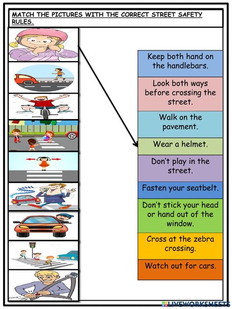 Road safety online activity for 4. You can do the exercises online or download the worksheet as pdf. Street Safety Worksheets, Road Safety Worksheet, Traffic Signs For Kids Activities, Road Safety Activities Preschool, Road Safety Activities, Pedestrian Safety Activities, Safety Rules At School, Evs Worksheet, Safety Worksheets