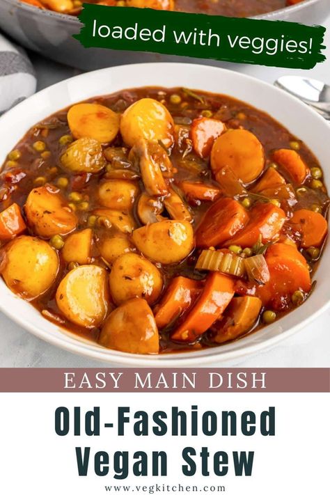 This Old-Fashioned Vegan Stew is thick, hearty, and comforting. It's loaded with tons of veggies and smothered in a thick, creamy broth base. Vegan Potato Crockpot Recipes, Meatless Stew Recipes, Vegan Potato Stew Recipes, Veggie Soup Vegan, Hearty Vegan Soup Recipes, Vegan Crockpot Stew Recipes, Potato Stew Crockpot Recipes, Hearty Vegan Stew, Potato Stew Vegan