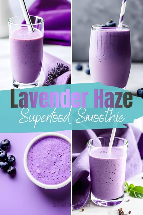 The Lavender Haze Superfood Smoothie is the drink of all drinks for Swifties who want healthy ingredients, superfoods for extra brain power and healthy fats, fiber and protein for a full meal #17daydiet #17daykickstartdiet #lavenderhazedrink #lavenderhazesmoothie Lavender Protein Shake, Healthy Lavender Recipes, Lavender Powder For Drinks, Lavender Recipes Drinks, Lavender Drink Recipes, Lavender Drinks Non Alcoholic, Starbucks Lavender Drink, Lavender Coffee Recipes, Lavendar Recipe