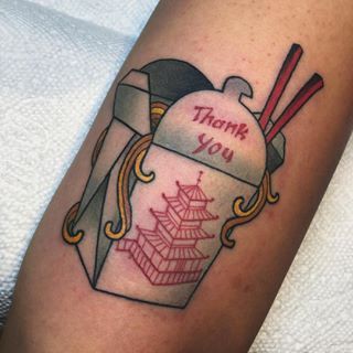 Chinese Take Out tattoo by @closmontilla at Goodkind Tattoo in Chicago, IL #closmontilla #goodkindtattoo  #chicago #illinois #chinesetakeout #foodtattoo #🥡 Takeout Box Tattoo, Box Tattoo, Chinese Takeout Box, Dragon Sleeve, Food Tattoos, Chinese Take Out, Dragon Sleeve Tattoos, D Tattoo, Chinese Takeout