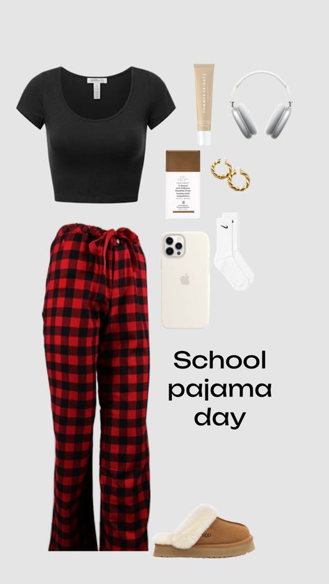 Outfits For Pajama Day At School, Plaid Christmas Pants, Cute Pajama Outfits For School, Outfit Ideas Pjs, Pajama Day At School Outfits, Plaid Pj Pants Outfit, Plaid Pajama Pants Outfits, Pj Day Outfits, Pajama Pants Outfit For School