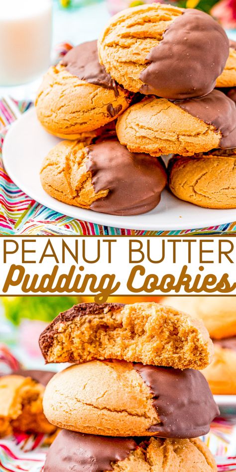 Peanut Butter Pudding Cookies - These chocolate-dipped peanut butter pudding cookies are SOFT AND CHEWY on the inside thanks to the addition of pudding mix in the cookie dough! Dipping them in dark chocolate makes for the PERFECT flavor combo!! Peanut Butter Pudding Cookies, Peanut Butter Pudding, Pudding Cookies Recipes, Baking Therapy, Cookies Jar, Butter Pudding, Averie Cooks, Chewy Peanut Butter Cookies, Pudding Cookies