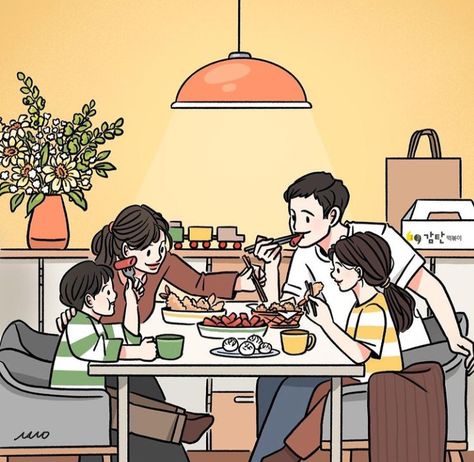 Animated Family Pictures, Eating Cartoon Aesthetic, Family Illustration Art Aesthetic, Family Eating Together Drawing, Family Aesthetic Cartoon, Family Picture Drawing, 가족 일러스트, Cute Pictures To Draw, Korean Illustration