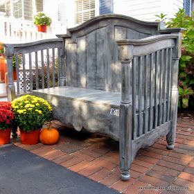 DIY:  How to Build a Bench From a Crib - this post shows how a repurposed crib was made over + paint colors and the steps taken to get this awesome paint finish!!!  Via Painted Therapy Wooden Bench, Cribs, Bench, Patio, Plants, Furniture, Patios, Cots