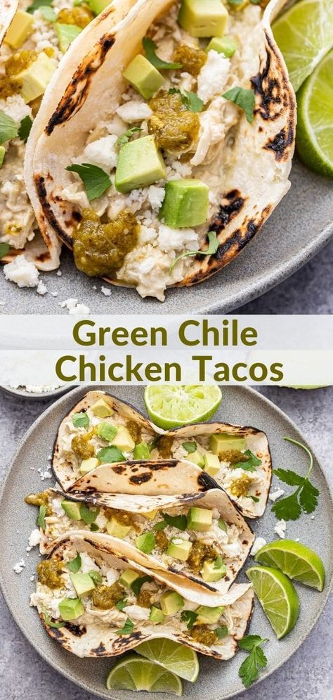 If you love shredded chicken tacos then you have to try these slow cooker creamy green chile chicken tacos! You only need a handful of ingredients to make them and they’re perfect for an easy weeknight dinner or entertaining. #tacos #chickentacos #greenchile #slowcooker #crockpot #chickenrecipes #mexicanfood Authentic Chicken Tacos, Best Chicken Taco Recipe, Runner Recipes, Crockpot Shredded Chicken Tacos, Chicken Breast Tacos, Tasty Tacos Recipe, Chicken Tacos Recipe Easy, Recipe Runner, Tacos Chicken