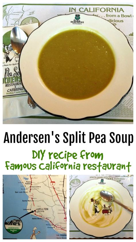 Vegan, super smooth, with a whiff of thyme and a deeply satisfying flavor, this is the iconic, famous bowl of Andersen’s Pea Soup in Buellton, Calif. #shockinglydelicious #peasoup #andersenspeasoup #famouspeasoup #vegansoup Pea Soup Andersons Recipe, Copycat Habitant Pea Soup, Anderson Split Pea Soup Recipe, Classic Split Pea Soup, Cpk Smashed Pea Soup, Bisque Soup Recipes, Peasant Food, Split Pea Soup, Pea Soup