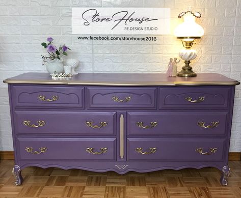 Beautifully refinished French Provincial Dresser Painted in a custom purple colour with metallic gold accents. Purple Dresser Makeover, Purple Dressers Painted, Purple Dressers, Dresser Colors, Bar Makeover, Purple Dresser, Provincial Bedroom, French Provincial Bedroom, Purple Furniture