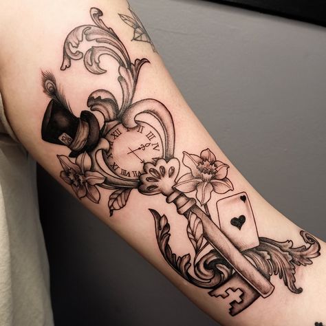 Alice in Wonderland memorial piece 👒 🔑 . #voigtyink #tattoo #tattoos #ink #inked #art #tattooart #tattooed #tattooideas #artist #blackwork #tattoodesign #tattooing #tattooist #blackandgreytattoo #tattoostyle #drawing #tattooer #design #linework #Australia #brisbane #illustration Wonderland Tattoo Sleeve, Alice In Wonderland Tattoo Sleeve, Alice In Wonderland Tattoo, Alice And Wonderland Tattoos, Alice And Wonderland, Australia Brisbane, Wonderland Tattoo, Adventures In Wonderland, Tattoo Sleeve