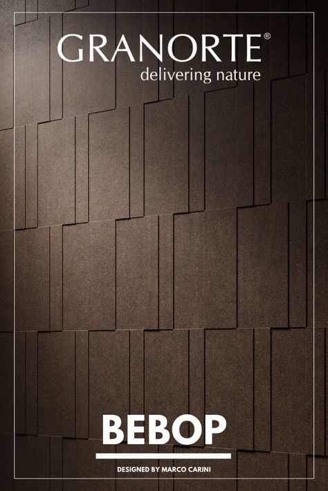 Designed by Marco Carini, It’s Bebop, an amazingly sustainable 3D wall solution made simple with a modern touch!   Know more about this wall covering here: http://bit.ly/granorte-bebop  Granorte, Delivering Nature. Cork Wall Tiles, Cork Wall, Wall Covering, 3d Wall, Wall Tiles, Wall Coverings, Make It Simple, Cork, Wall