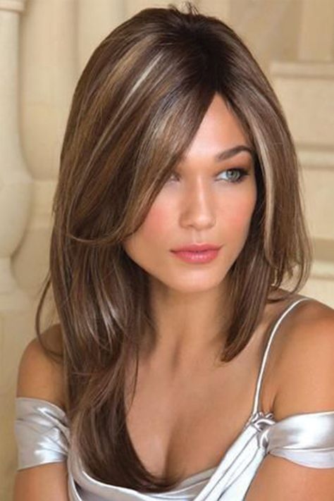 Long Soft Layers, Grey Hair Wig, Cheap Human Hair Wigs, Long Human Hair Wigs, Colored Hair Extensions, How To Cut Bangs, Straight Hair Extensions, Monofilament Wigs, Short Human Hair Wigs