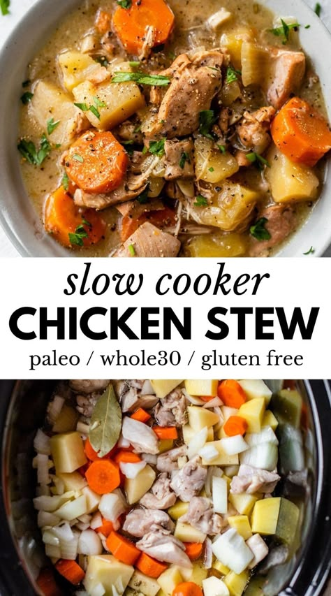 Chicken Crockpot Recipes Gluten And Dairy Free, Whole30 Chicken Recipes Crock Pots, No Dairy Slow Cooker Recipes, Crockpot Healthy Recipes Chicken, Slow Cooker Meals With Potatoes, Healthy Fall Slow Cooker Meals, Paleo Chicken Stew Recipes, Slow Cooker Chicken Potatoes Carrots, Crock Pot Chicken Potatoes And Carrots