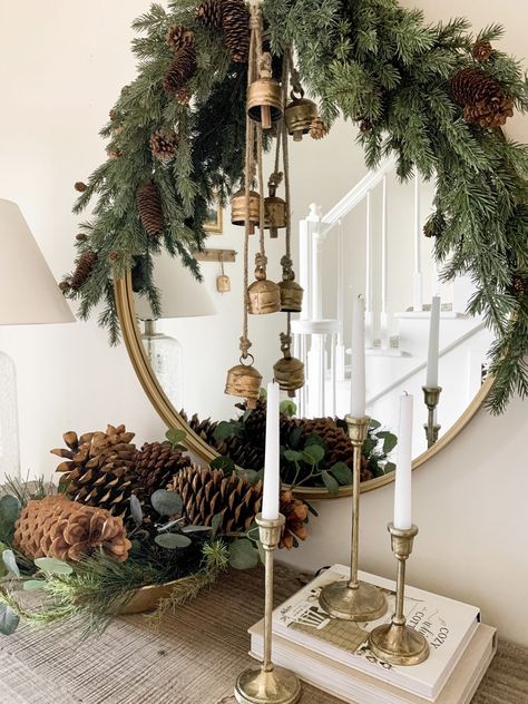 Neutral and Gold Christmas Entryway | Bless This Nest Christmas Mirror, Christmas Entry, Christmas Entryway, Neutral Christmas Decor, Cozy Christmas Decor, Christmas Decor Inspiration, Christmas Mantel, Cottage Christmas, Christmas Greenery