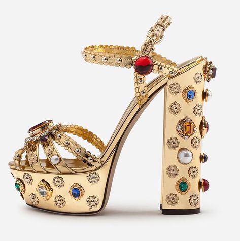 Women's Metallic Bejeweled Platform Sandals Metallic High Heels, Louis Vuitton Shoes Heels, Gold Platforms, Crystal Heels, Rhinestone Sandals, Chunky High Heels, Drag Queens, Gold Shoes, Chunky Heels Sandals