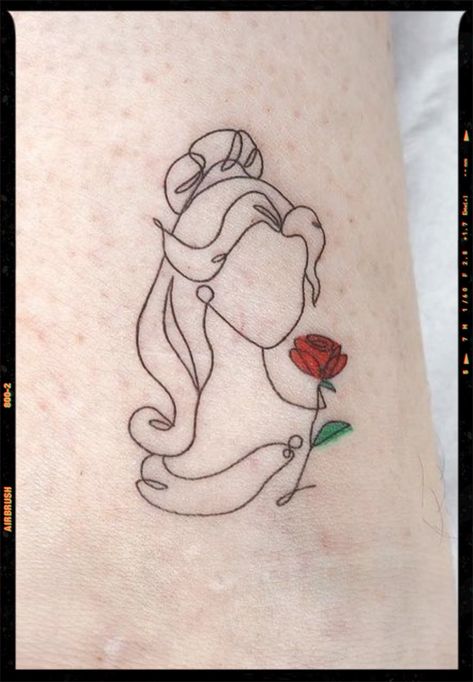 Princess Tattoo Minimalist, Disney Princess Silhouette Tattoo, Fine Line Beauty And The Beast Tattoo, Disney Princess Tattoo Ideas Sleeve, Belle Rose Tattoo, Belle Tattoo Disney, Disney Fine Line Tattoo, Disney Minimalist Tattoo, Rapunzel Tattoo