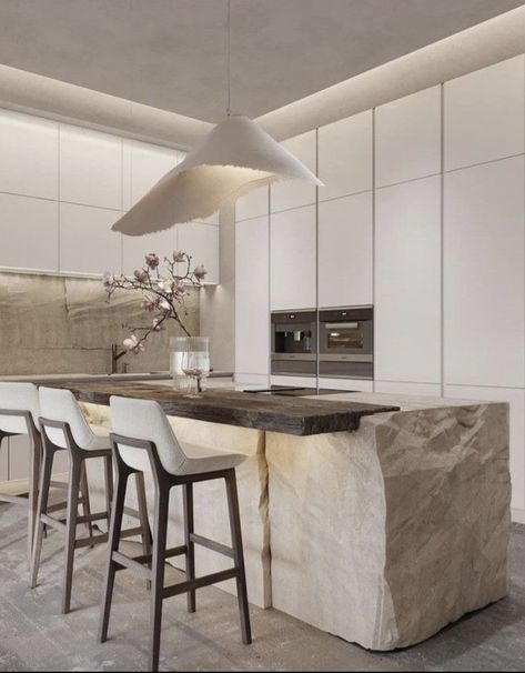 Stone Kitchen Island, Natural Stone Kitchen, Minimal Kitchen, Stone Interior, Stone Kitchen, House Design Kitchen, Luxury Kitchen Design, Kitchen Room Design, Kitchen Inspiration Design