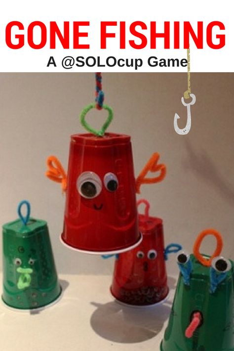 This #DIY Solo Cup game, Gone Fishing, is perfect for keeping your child entertained! Fishing Party Games, Diy Fishing Game, Ocean Games, Fishing Games For Kids, Fishing Theme Birthday, Cup Game, Plastic Party Cups, Cup Games, Fishing Party