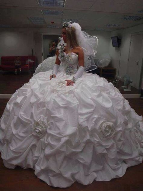 since you said you don't care what kind of dress you get..........I saw something like this for less than $1000 on e-bay. Sondra Celli, Worst Wedding Dress, Poofy Dress, Big Wedding Dresses, White Wedding Dress, Applique Wedding Dress, A Wedding Dress, Ball Gowns Wedding, Gown Wedding Dress