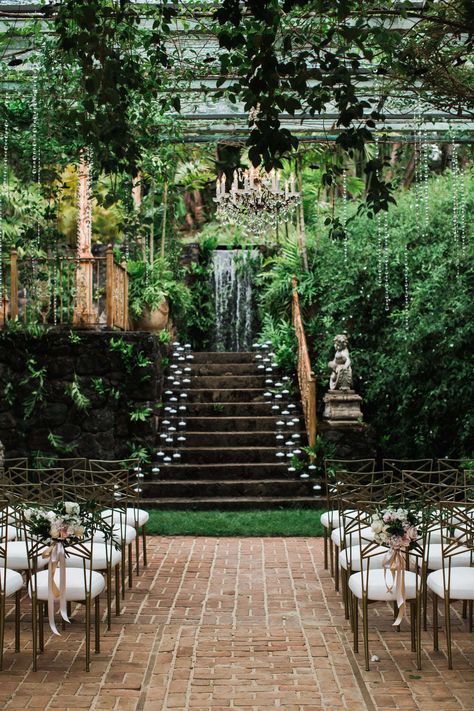 tropical wedding ceremony with romantic candlelight and glam chairs Tropical Wedding Venue, Haiku Mill Wedding, Destination Wedding Cost, Shades Of Mauve, Haiku Mill, Jungle Wedding, Wedding Venues Hawaii, Ooh Ahh, A Secret Garden