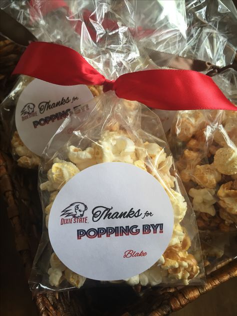 "Thanks for Popping By" Popcorn Party Favor Ideas... Football Send Off Party, Going Away, Dixie State University, Trailblazers, Football Popcorn Party Favor, Dixie State University, Popcorn Party Favors, Party Favor Ideas, Popcorn Party, Popcorn Bags, Tasting Party, Favor Ideas, Retirement Parties