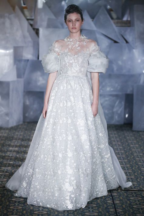 Ice queen vibes | WedLuxe – Mira Zwillinger -Spring 2019 Collection |  Follow @WedLuxe for more wedding inspiration!  #wedluxe #wedluxemagazine #weddingdecor #weddinginspo #mirazwillinger #queenofice #spring2019 Curvy Wedding Dress, Bridal Runway, Wedding Dresses Taffeta, Mira Zwillinger, Top Wedding Dress Designers, Blush Wedding Dress, White Bridal Dresses, Blue Wedding Dresses, Illusion Neckline