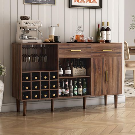 PRICES MAY VARY. 【Spacious & Versatile Storage Options】The Wine Cabinet for Home with 3 sets of wine racks, 3 sets of glass holders, 2 drawers, and 4 open shelves, all in one sideboard, maximizing combined storage with display. it can be a coffee bar station, storage cabinet, or sideboard buffet. 【Rustic & Retro Style】This Bar Cabinets for Liquor has gorgeous rustic wood grain, clean lines, sliding door to flawlessly combine modern with retro. Whether placed in the living room or dining room and Bar In Living Room, Liquor Bar Cabinet, Bbq Bar, Coffee Cabinet, Coffee Bar Station, Alcohol Bar, Bar Cabinets, Cabinet With Storage, Coffee Bar Design