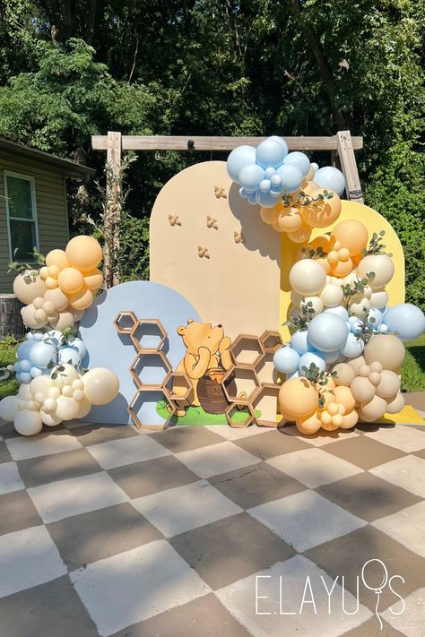 classic winnie the pooh, honey theme, neutral theme, baby shower ideas, boy baby shower, girl baby shower, neutral balloons Classic Winnie The Pooh Balloon Arch, Winnie The Pooh Balloon Arch, Gender Reveal Baby Shower Themes, Baby Shower Balloon Arch, Bear Baby Shower Theme, Winnie The Pooh Baby Shower, Baby Shower Theme Decorations, Disney Baby Shower, Bee Baby Shower Theme