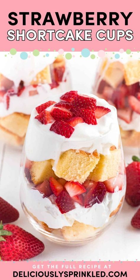 Look forward to these Strawberry Shortcake Cups! They're an easy 4th of July recipe and Memorial Day party food. With layers of pound cake, Cool Whip, and fresh strawberries, these trifle cups are a fun and delicious summer dessert idea! Individual Strawberry Shortcake, Strawberry Shortcake Cups, Shortcake Cups, Trifle Cups, Strawberry Shortcake Dessert, Strawberry Shortcake Trifle, Summer Fruit Recipes, Easy Strawberry Shortcake, Best Summer Desserts