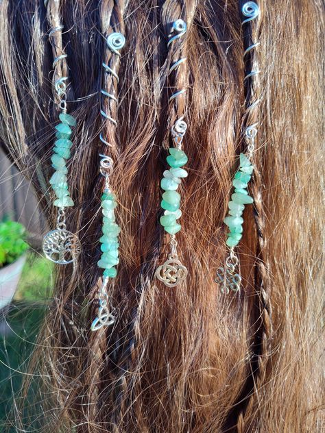 Adorn your hair with these super pretty Celtic /Viking Green Aventurine hair twists. Sold individually or as a set  .Each twist is 5.5 mm but can be made larger or smaller just email me I'll be glad to make them for your desired size or different gemstone color. Gemstone Hair, Hair Twists, Celtic Viking, Hair Twist, Boho Hair, Twist Hair, Dread Beads, Festival Hair, Boho Hairstyles