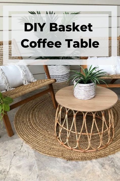 DIY coffee table from an upcycled basket. Decorate your home on a budget with this creative DIY furniture idea that upcycles a basket into a base for a coffee table. Easy affordable DIY budget home decor that's perfect for summer! Love the basket table look but hate that crazy price? DIY it instead. diy | coffee table | diy coffee table | coffee | table | living room | side table | tables on a budget | budget decor | diy budget decor Makeshift Coffee Table, Diy Patio Coffee Table Easy, Diy Basket Side Table, Diy Basket Coffee Table, Alternatives To Coffee Table, Cheap Coffee Table Ideas, Boho End Table Diy, Diy Livingroomtable, Small Coffee Table Diy