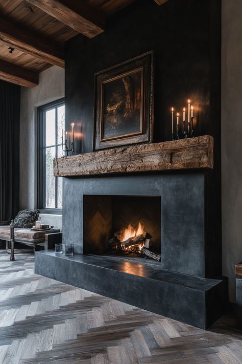 large wood mantle dark slate fireplace Fire Balls For Fireplace Stone, Diy Gas Fireplace Insert, Wide Gas Fireplace, European Farmhouse Fireplace Ideas, Metal Fireplace Wall, Low Profile Fireplace Hearth, Cracker Barrel Fireplace, Fireplace Surround Ideas Stone, Fireplace Concrete Hearth