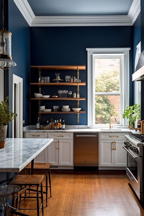 Dark Blue Kitchen - How to Improve Your Kitchen With a Lick of Paint - Melanie Jade Design Dark Blue Kitchen Walls, Navy Kitchen Walls, Blue Kitchen Paint, White Cabinets Kitchen, Dark Painted Walls, Dark Blue Kitchen, Dark Brown Kitchen, Blue Kitchen Walls, Dark Blue Kitchens