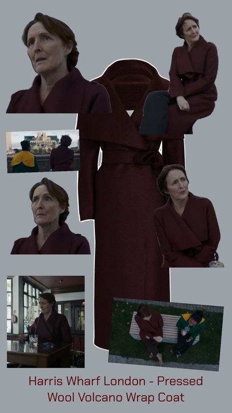 Inspo: Killing Eve, S4 E8, Carolyn Harris Wharf London, Killing Eve, Wrap Coat, Volcano, Tv Series, Movie Tv, London, Wool, Tv