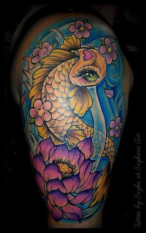 Girly koi fish tattoo neotraditional Erykane art Fish Tattoo Koi, Girly Sleeve Tattoo, Tattoo Koi Fish, Koi Fish Tattoo Design, Fish Tattoo Design, Koi Fish Colors, Image Girly, Tattoo Koi, Koi Fish Drawing