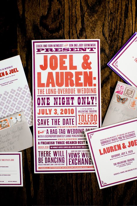 Another cute rock concert style invite. Love the "one night only!" Fun and relevant but the theme might be lost on more traditional guests receiving the invite. Letterpress Save The Dates, Wedding Silhouette, Letterpress Wedding, Letterpress Wedding Invitations, Concert Poster, Invitation Inspiration, Beautiful Paper, Fashion Poster, Romantic Weddings