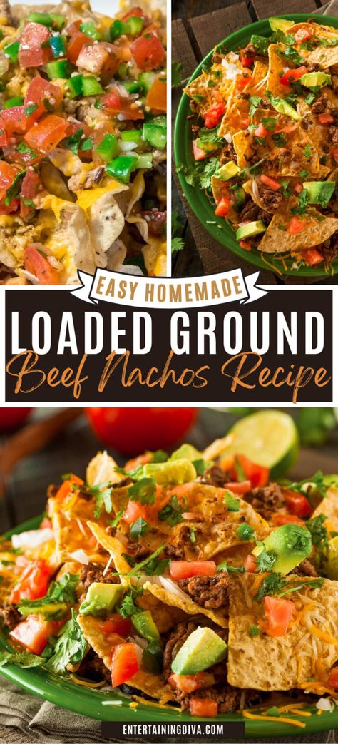 Super Nachos Ground Beef, Ground Beef Nachos Recipe, Easy Nachos Recipe Beef, Nacho Dips, Nacho Bar Ideas, Nachos In Oven, Beef Nachos Recipe, Ground Beef Nachos, Loaded Nachos Recipe