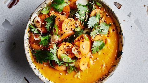 Spiced Coconut Carrot Soup Recipe | Bon Appetit Puréed Soups, Carrot Soup Recipes, Pureed Soup, Crispy Chickpeas, Cooked Carrots, Carrot Soup, Soup Chili, Whole30 Recipes, Healthy Soup Recipes