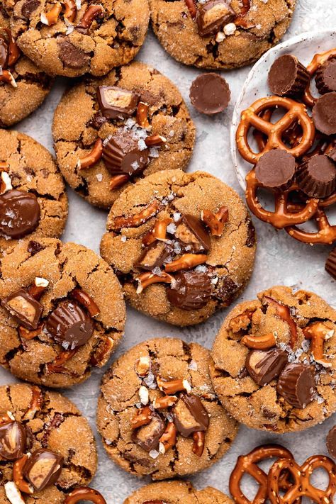 Salted Pretzel Peanut Butter Cup Cookies - Two Peas & Their Pod Peanut Butter Pretzel Cookies, Soft Peanut Butter Cookies, Cup Cookies, Pretzel Cookies, Salted Pretzel, Peanut Butter Cup Cookies, Frozen Cookie Dough, Peanut Butter Pretzel, Frozen Cookies