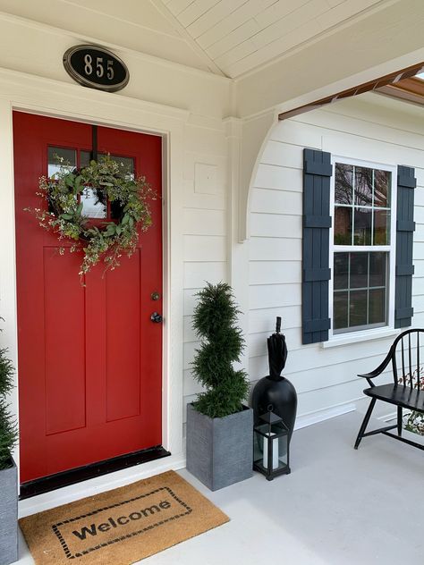 We Finished Painting the Exterior of The Downtown Cottage! — The Property Lovers Homes With Red Doors, Heritage Red Front Door, Red Front Door Paint Color, Benjamin Moore Caliente, Red Doors On Houses, House With Red Door, Off Center Windows, Red Door House, Cape Cod House Exterior