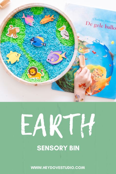 Earth Sensory Bin Earth Sensory Bin, Earth Sensory, Earth Day Sensory Bin, Earth Day Sensory, Welcome To Preschool, Round Wooden Tray, Cardboard Animals, Play Activity, Colored Rice