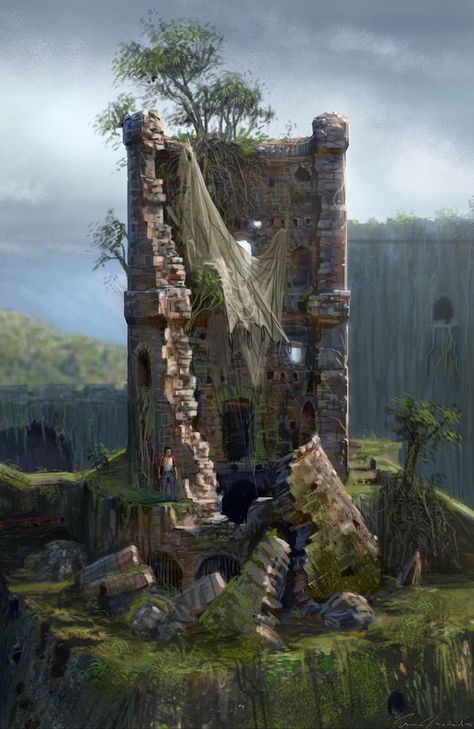 Ruined tower, secluded in the mountains, possibly inhabited by a wizard or warlock, or perhaps merely brigands or refugees. Fortune Art, Uncharted Drake's Fortune, Uncharted Drake, Location Inspiration, Fantasy City, Fantasy Setting, Fantasy Places, Watch Tower, Fantasy Map