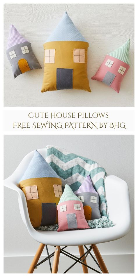 DIY Fabric House Pillow Free Sewing Patterns | Fabric Art DIY Fabric Houses Pattern, Plant Pillow Sewing Pattern, Succulent Pillow Sewing Pattern, Sew Reading Pillow Kids, Rainbow Pillow Sewing Pattern, Free Quilt Patterns Printables, Fabric Art Diy, House Pillow, Fun Throw Pillows