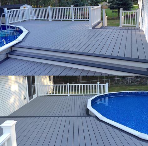 Trex Pebble Grey and Winchester Grey Decking with Trex Transcend Railing Call Renewit Group to schedule your deck today (844) RENEWIT 736-3948 www.renewitdecks.com  @trexcompany #trex #compositedeck #pooldeck #deck #pool #customdecks #michigandeckbuilders #deckbuilder #upnorthmichigan #puremichigan #indianriver #renewitgroup www.renewitdecks.com Gray Pool Deck, Above Ground Pool Composite Deck Ideas, Composite Deck Around Pool, Foggy Wharf Trex Deck Ideas, Trex Island Mist Deck Ideas, Riverside Pool, Trex Deck Spiced Rum, Trex Spiced Rum Deck, Trex Winchester Grey Deck