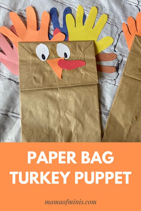 Brown Paper Bag Fall Crafts, Paper Bag Turkey Craft, Turkey Paper Bag, Turkey Puppet, Turkey Crafts For Preschool, Paper Bag Puppet Craft, Handprint Turkey, Craft For Preschool, Bag Puppet