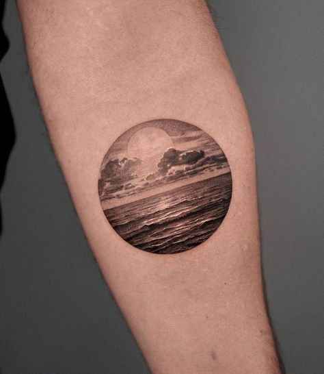 Cliffs Tattoo, Heart Lock Tattoo, Starry Night Tattoo, Mac Miller Tattoos, Sunrise Tattoo, Lock Tattoo, Circular Tattoo, Chest Tattoo Ideas, Sunset Tattoos