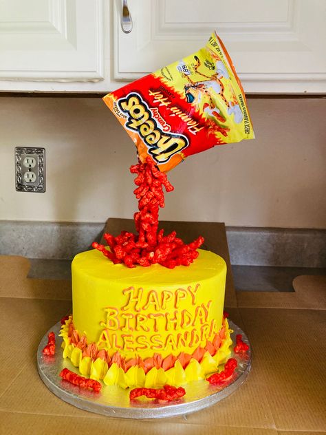 Doritos Cake Design, Hot Cheetos Cake, Chester Cheetos, Flaming Hot Cheetos, Dessert Business, Chester Cheetah, 14th Birthday Cakes, Flaming Hot, Hot Cheetos