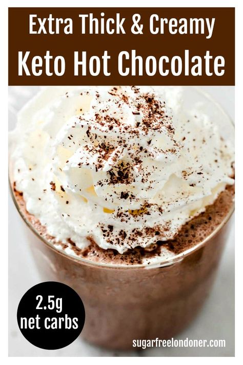 Warm up with a luxuriously creamy sugar free hot chocolate!  This easy keto hot chocolate recipe has a deep chocolate flavour and contains only 2.5g net carbs. Suitable for low carb diets. Dairy free!   #ketohotchocolate #sugarfreechocolate #ketochocolate #ketodrink Keto Hot Chocolate Recipe, Keto Hot Chocolate, Sugar Free Hot Chocolate, Sugar Free Drinks, Low Carb Drinks, Hot Chocolate Recipe, Keto Drink, Paleo Chocolate, Chocolate Butter