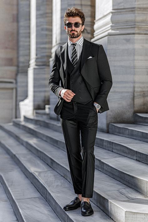 Discover the perfect blend of sophistication and versatility in our Black Striped Slim-Fit Suit 3-Piece. The single-breasted blazer, featuring a refined 2-button front and striking peak lapels, offers a timeless charm with a modern striped touch. #suit #suits #mensstyle #menstyle #fashion #outfit #formalwear #menfashion #fashionformen #style #dapper #gentleman #suitformen #singlebreasted #blacksuit Black Double Breasted Suit, Stripe Suit, Suit Styles, Double Breasted Tuxedo, Suit Stores, Slim Fit Suit Men, Slim Fit Tuxedo, Suits Men, Dapper Gentleman