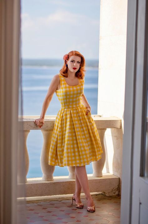 50s Style Yellow Gingham Swing Dress Vintage Retro Clothing, Yellow Gingham, Formal Dresses For Weddings, Check Dress, Bateau Neckline, Gingham Dress, Gingham Check, Box Pleats, Girl Style